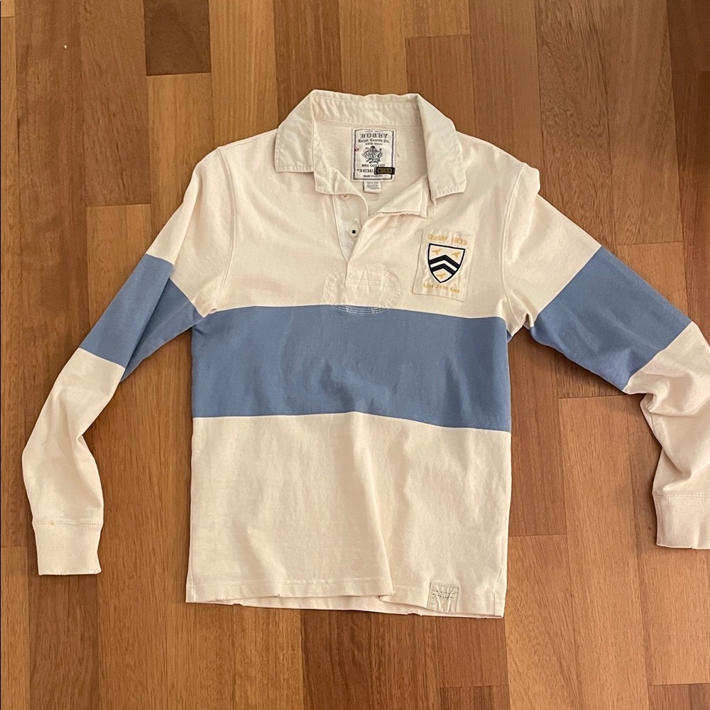 Ralph Lauren Men’s XS baby blue and white Rugby brand rugby shirt